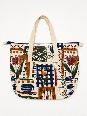 Canvas Tote Bag With Coffee Mug And Floral Designs
